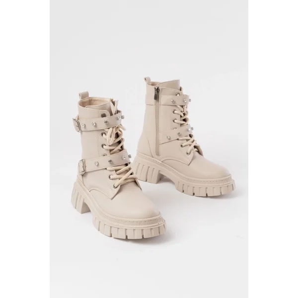 842-03 Bej Bağcıklı Kalın Tabanlı Bağcıklı Fermuarlı Günlük Kadın Bot