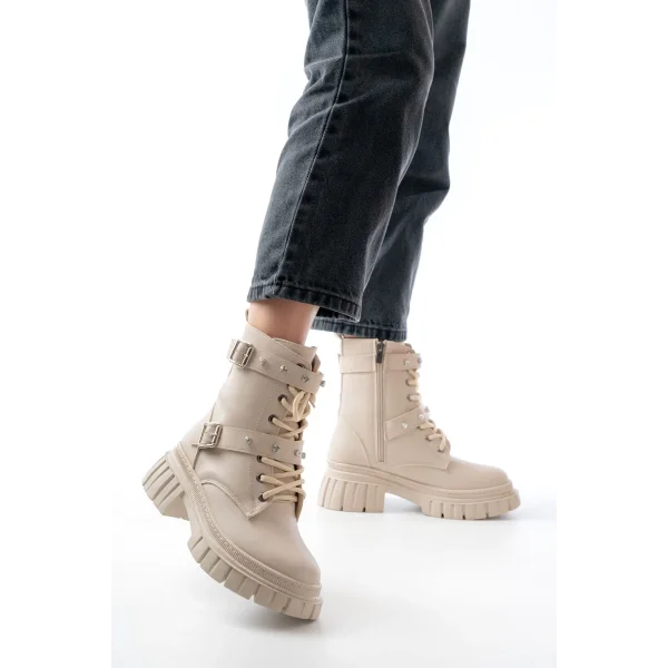 842-03 Bej Bağcıklı Kalın Tabanlı Bağcıklı Fermuarlı Günlük Kadın Bot