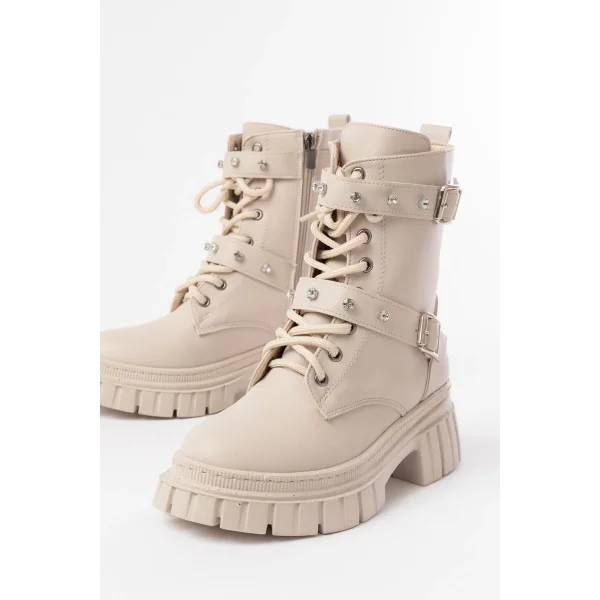 842-03 Bej Bağcıklı Kalın Tabanlı Bağcıklı Fermuarlı Günlük Kadın Bot