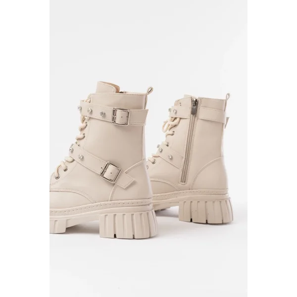 842-03 Bej Bağcıklı Kalın Tabanlı Bağcıklı Fermuarlı Günlük Kadın Bot