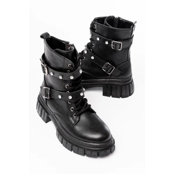 842-03 Siyah Bağcıklı Kalın Tabanlı Bağcıklı Fermuarlı Günlük Kadın Bot