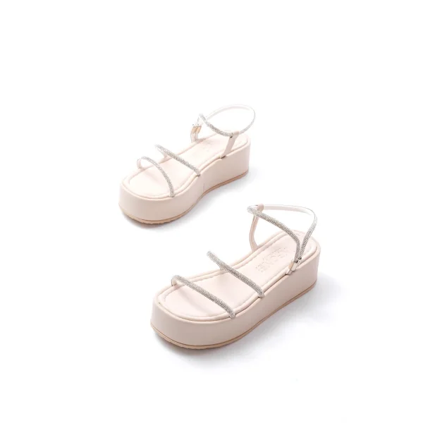 861-1008 Bej Gümüş Taşlı Dolgu Topuklu Kadın Sandalet