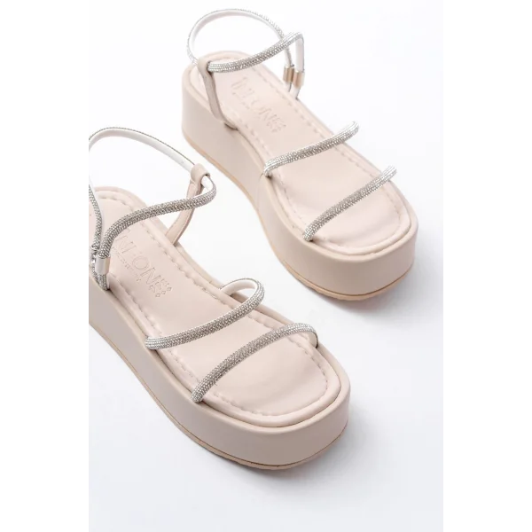 861-1008 Bej Gümüş Taşlı Dolgu Topuklu Kadın Sandalet