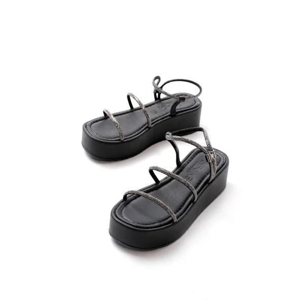 861-1008 Siyah Platin Taşlı Dolgu Topuklu Kadın Sandalet