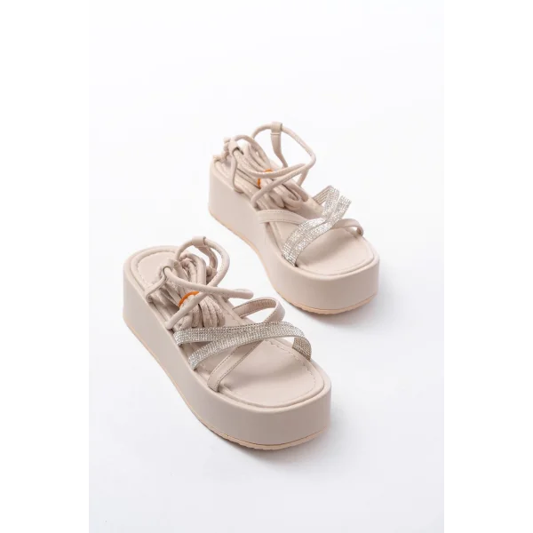 861-1010 Bej Gümüş Taşlı Bilekten Bağlamalı Kadın Sandalet