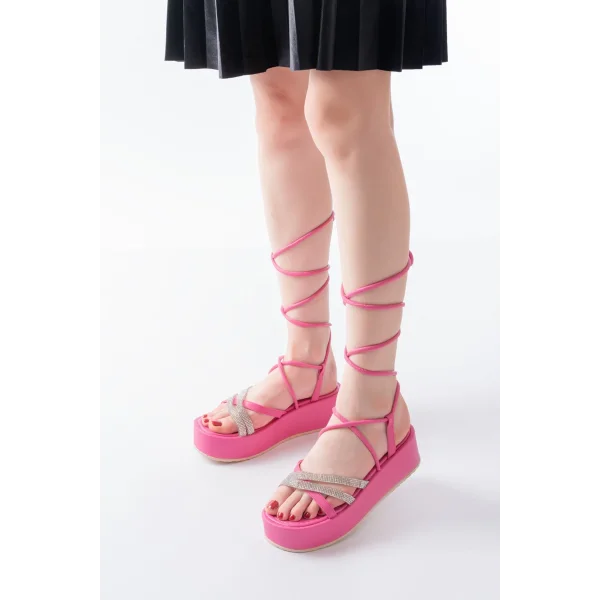 861-1010 Fuşya Gümüş Taşlı Bilekten Bağlamalı Kadın Sandalet