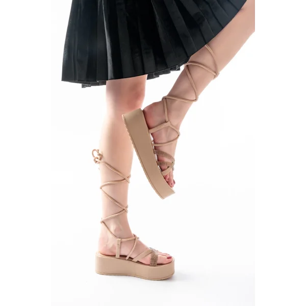 861-1010 Nut Rose Taşlı Bilekten Bağlamalı Kadın Sandalet