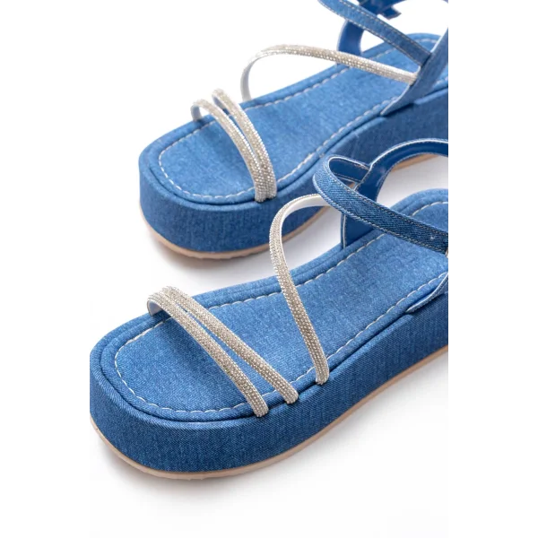 861-1017 Mavi Kot Taşlı Dolgu Topuklu Kadın Sandalet