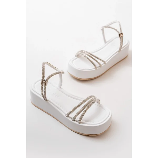 861-1100 Beyaz Günlük Gümüş Taşlı Dolgu Kadın Sandalet