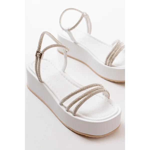 861-1100 Beyaz Günlük Gümüş Taşlı Dolgu Kadın Sandalet