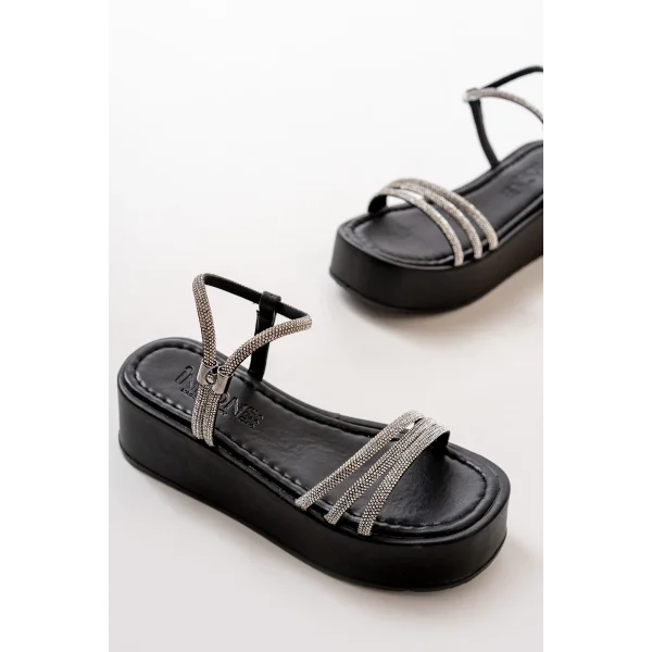 861-1100 Siyah Günlük Gümüş Taşlı Dolgu Kadın Sandalet