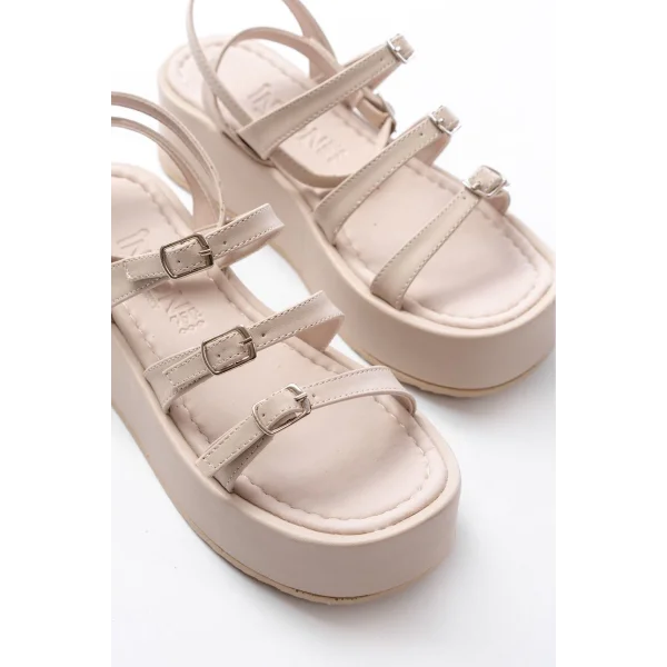 861-1222 Bej Tokalı Bilekten Bağlamalı Dolgu Kadın Sandalet