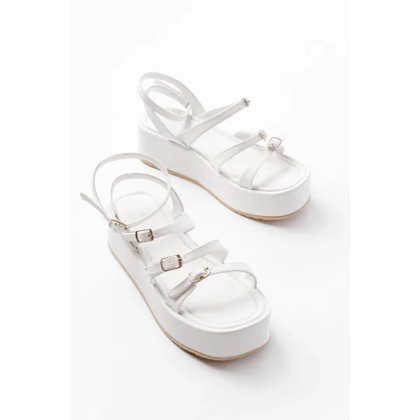 861-1222 Beyaz Tokalı Bilekten Bağlamalı Dolgu Kadın Sandalet