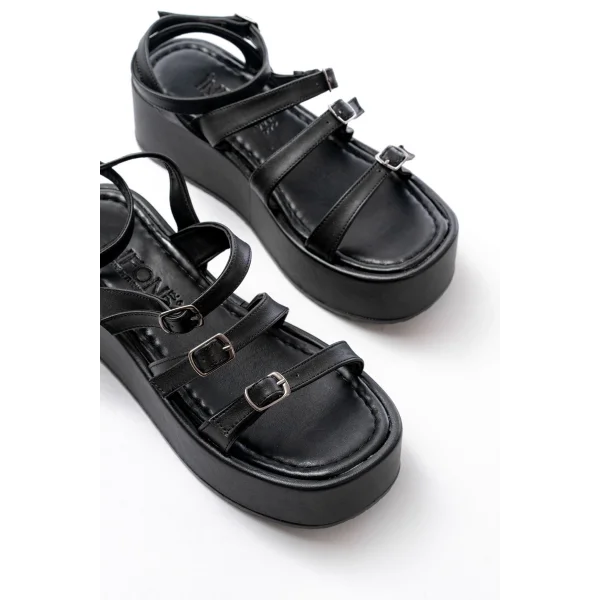 861-1222 Siyah Tokalı Bilekten Bağlamalı Dolgu Kadın Sandalet