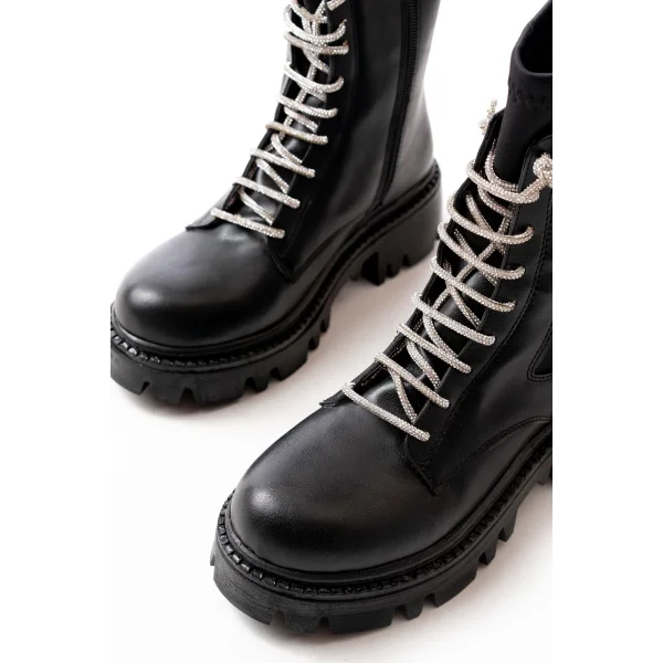 868-2006 Siyah Düz Topuklu Bağcıklı Fermuarlı Günlük Kadın Bot