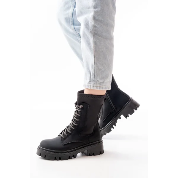 868-2006 Siyah Zümrüt Düz Topuklu Bağcıklı Fermuarlı Günlük Kadın Bot