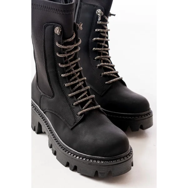 868-2006 Siyah Zümrüt Düz Topuklu Bağcıklı Fermuarlı Günlük Kadın Bot