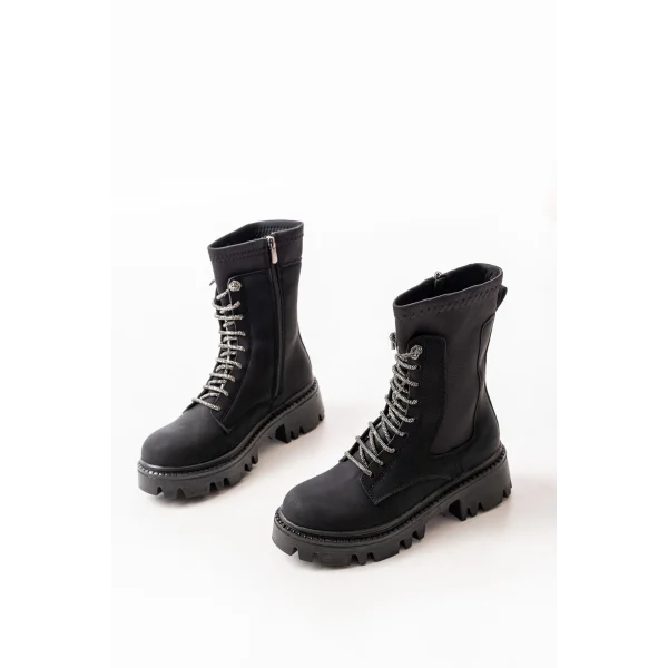 868-2006 Siyah Zümrüt Düz Topuklu Bağcıklı Fermuarlı Günlük Kadın Bot