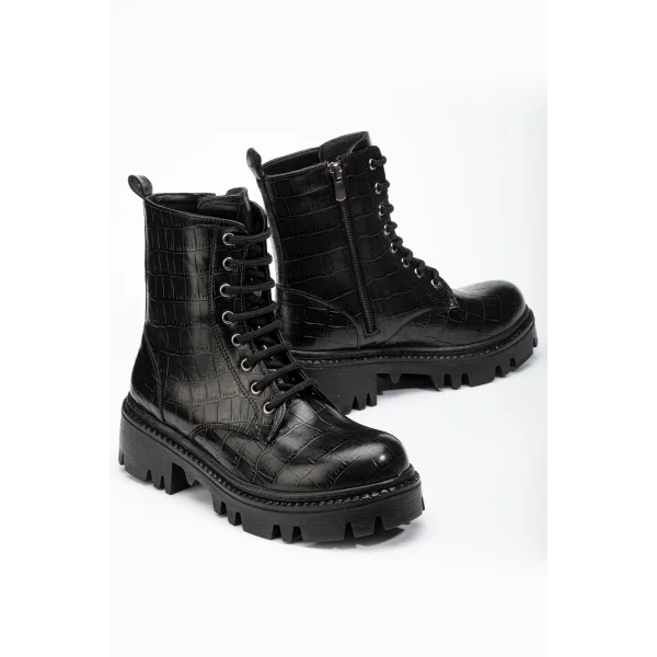 868-2289 Siyah Kroko Bağcıklı Fermuarlı Günlük Kadın Bot