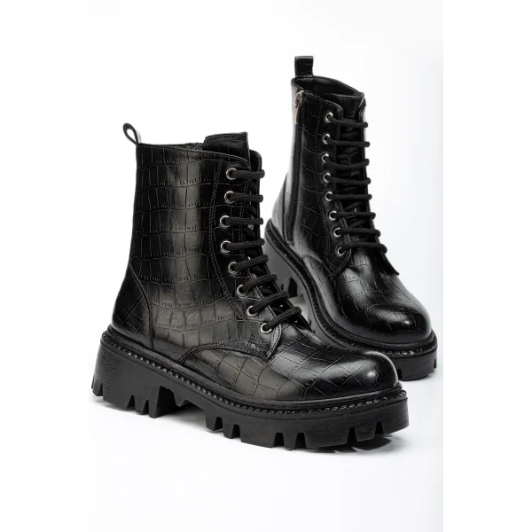 868-2289 Siyah Kroko Bağcıklı Fermuarlı Günlük Kadın Bot