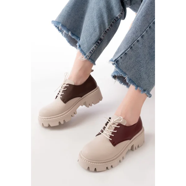 868-754 Bej Garni Bağcıklı Günlük Yüksek Tabanlı Loafer Ayakkabı