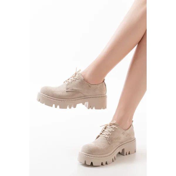 868-754 Bej Süet Bağcıklı Günlük Yüksek Tabanlı Loafer Ayakkabı