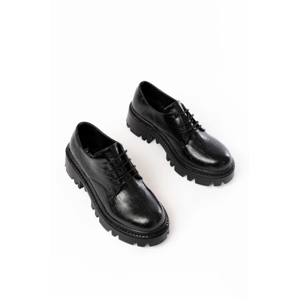 868-754 Siyah Kroko Bağcıklı Günlük Yüksek Tabanlı Loafer Ayakkabı