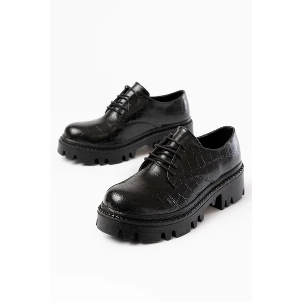 868-754 Siyah Kroko Bağcıklı Günlük Yüksek Tabanlı Loafer Ayakkabı
