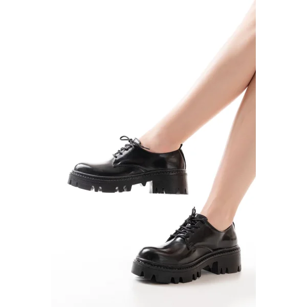 868-754 Siyah Rugan Bağcıklı Günlük Yüksek Tabanlı Loafer Ayakkabı