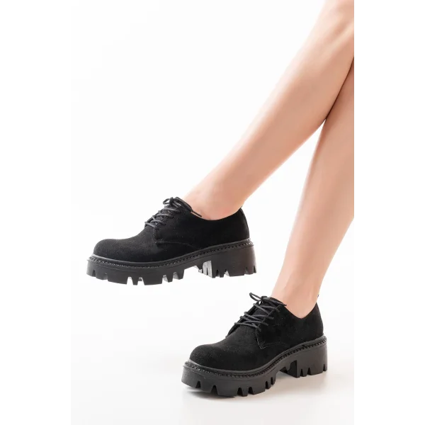 868-754 Siyah Süet Bağcıklı Günlük Yüksek Tabanlı Loafer Ayakkabı