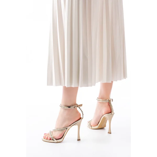 A-20 Gold Taşlı Vivet Platformlu Topuklu Kadın Ayakkabı