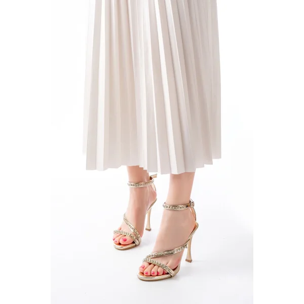 A-20 Gold Taşlı Vivet Platformlu Topuklu Kadın Ayakkabı