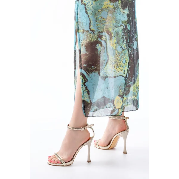 A-30 Gold Taş Aksesuarlı Platformlu Topuklu Kadın Terlik