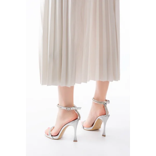 A-30 Gümüş Taş Aksesuarlı Platformlu Topuklu Kadın Terlik