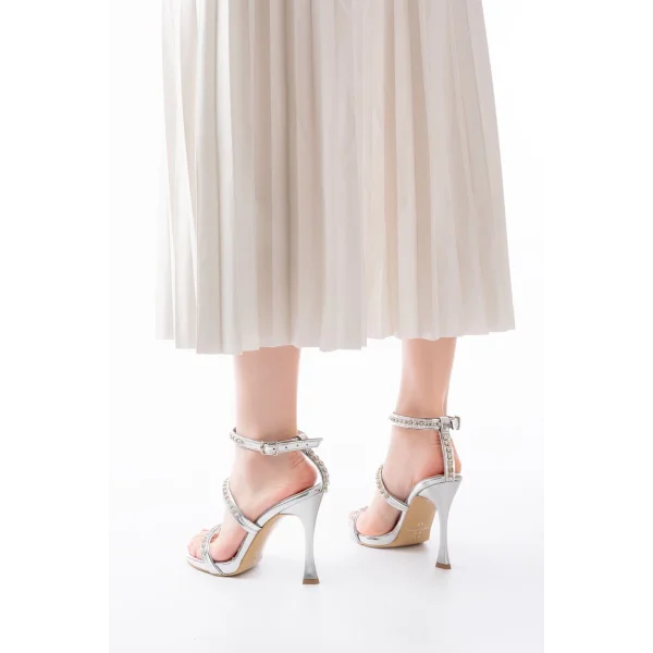 A-40 Gümüş Taşlı Platformlu Topuklu Kadın Ayakkabı