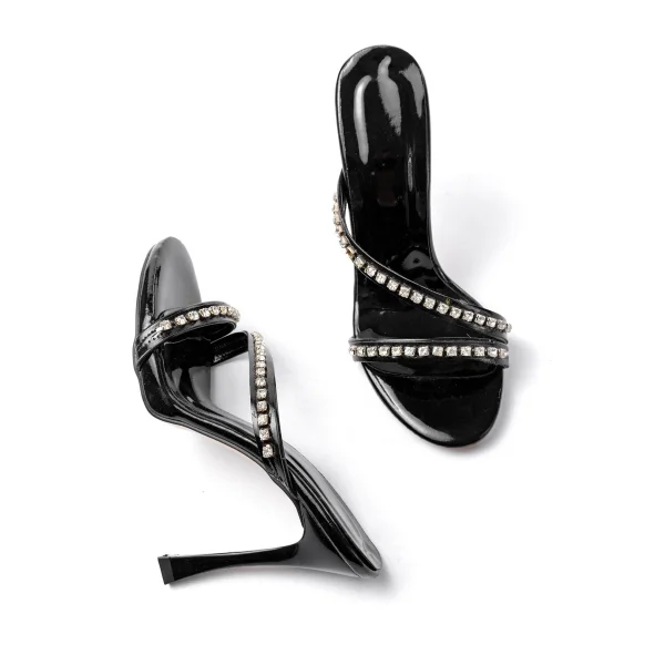 A-60 Kadın Siyah Gümüş Taşlı Platformlu Topuklu Terlik