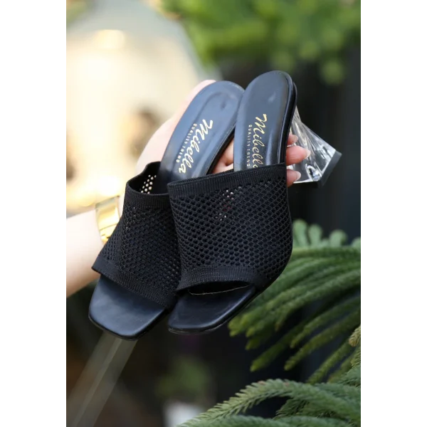 Akva Siyah Triko Şeffaf Topuklu Terlik