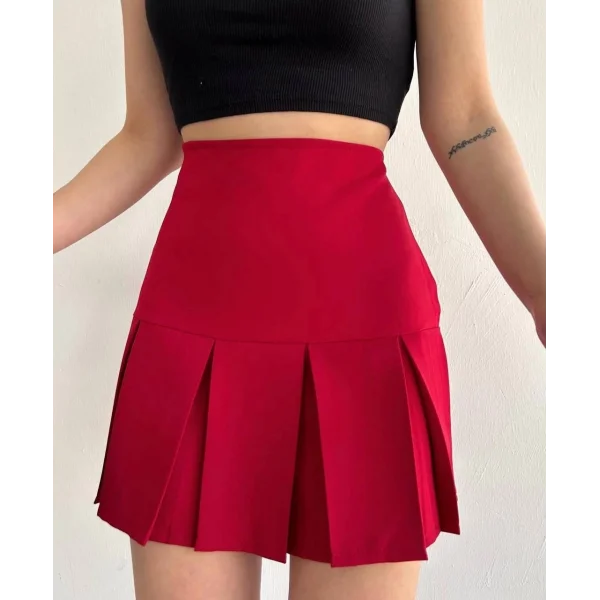 Altı geniş pileli etek bordo s24729