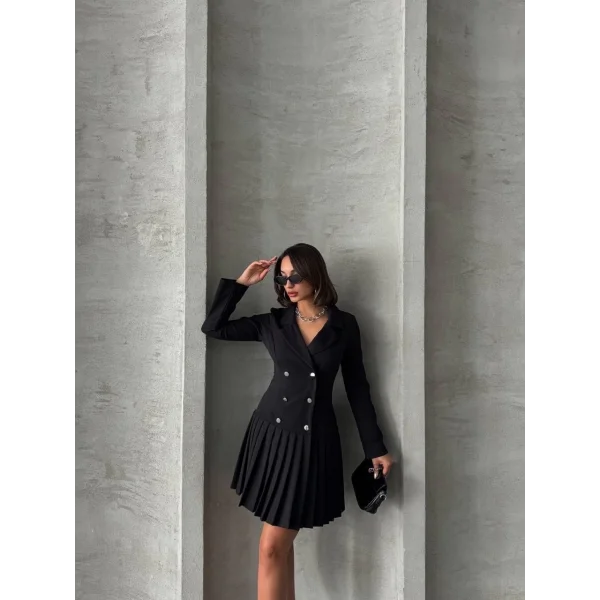 Altı piliseli uzun kollu ceket elbise siyah s255016