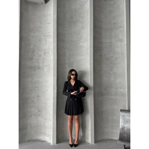 Altı piliseli uzun kollu ceket elbise siyah s255016