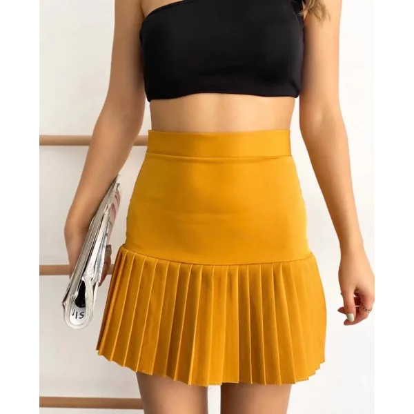 Altı pliseli mini etek hardal s24705