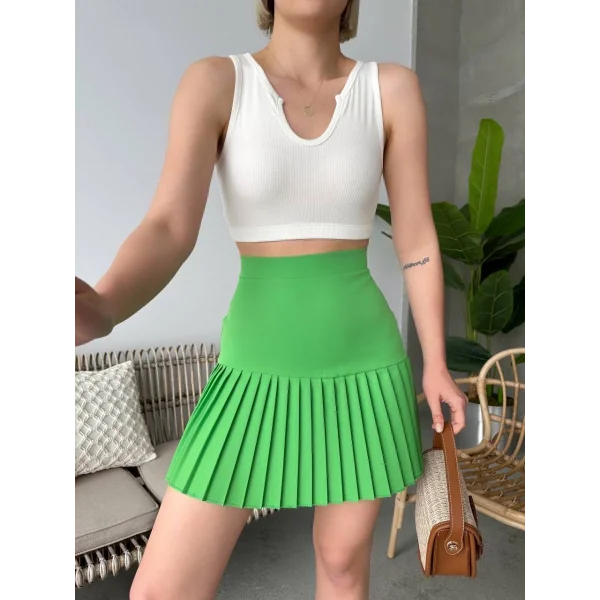 Altı pliseli mini etek yeşil s24705