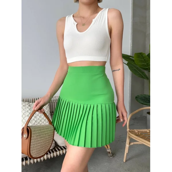 Altı pliseli mini etek yeşil s24705