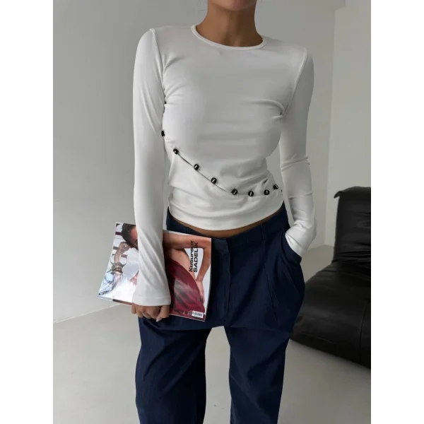Asimetrik alt detaylı bluz beyaz