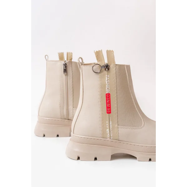 ASM-086 Bej Fashion Aksesuarlı Fermuarlı Günlük Kadın Bot