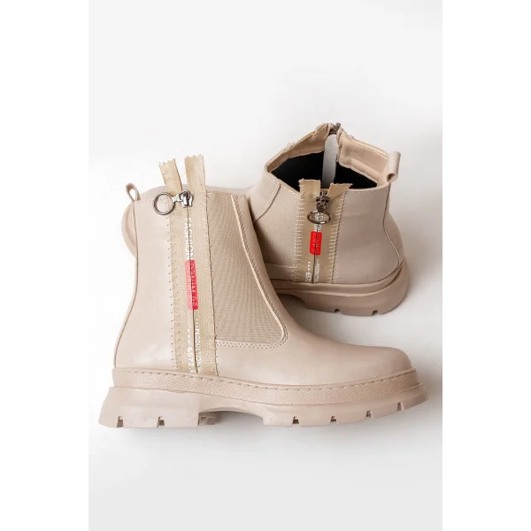 ASM-086 Bej Fashion Aksesuarlı Fermuarlı Günlük Kadın Bot