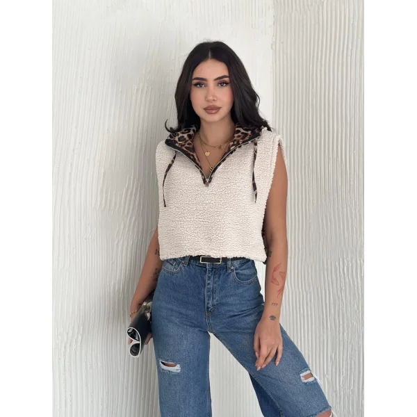 Astarlı kapşonlu kuzu yelek beyaz t1243