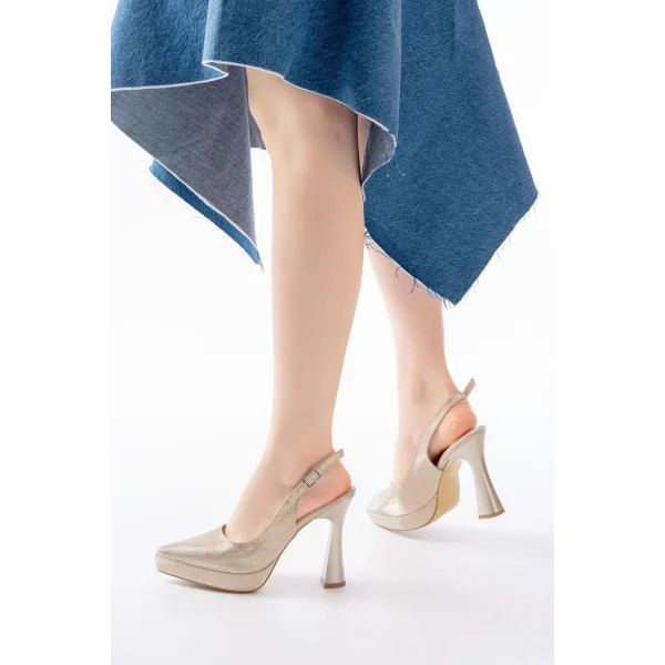 B-2101 Gold Günlük Arkası Açık Yılan Desenli Topuklu Bayan Ayakkabı