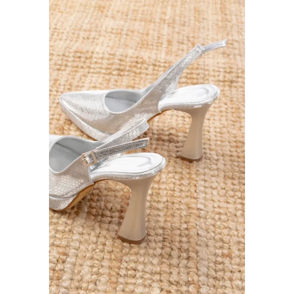 B-2101 Gümüş Günlük Arkası Açık Yılan Desenli Topuklu Bayan Ayakkabı