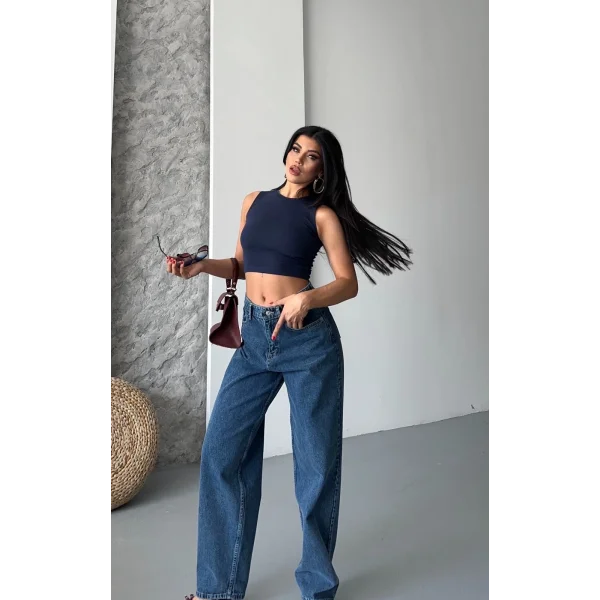 Baggy kar yıkama jeans pantolon koyu mavi d2007